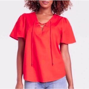 Women's Short Sleeve Lace-Up Top - Knox Rose Coral Orange - Sz Med